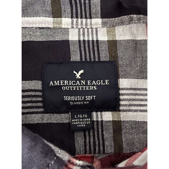 American Eagle Sz L Mens Seriously Soft Classic Fit Long Sleeve Blue Red Plaid - Picture 6 of 9